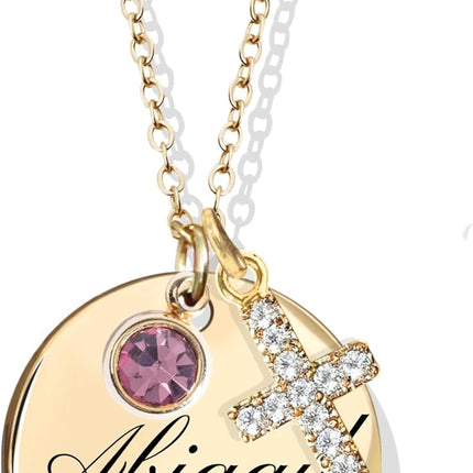 Personalized Name Birthstone Cross Necklace for Women