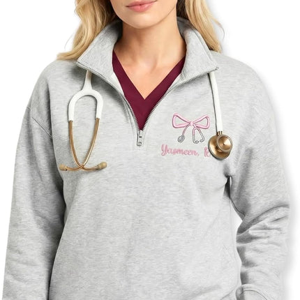 Custom Name Nurse Embroidered Quarter-Zip Sweatshirt with Title - Style 1