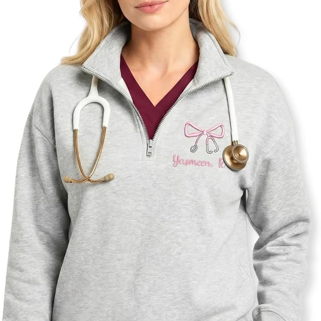 Custom Name Nurse Embroidered Quarter-Zip Sweatshirt with Title - Style 1