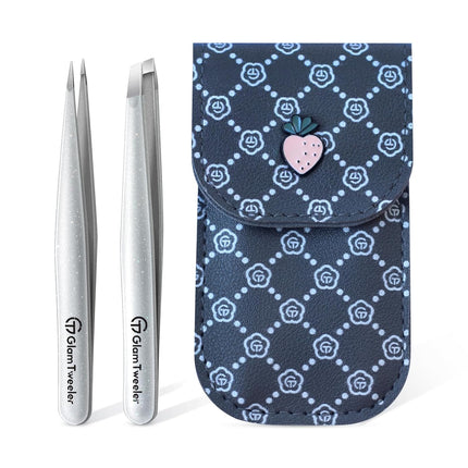 Expert Slant and Point Tip Tweezer Set with Storage Case, Sparkle Silver