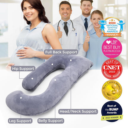 57 Inch U-Shaped Full Body Maternity Pillow with Removable Cover, Grey