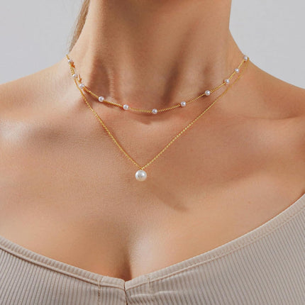 Layered 14K Gold Plated Pearl Necklace Set for Women