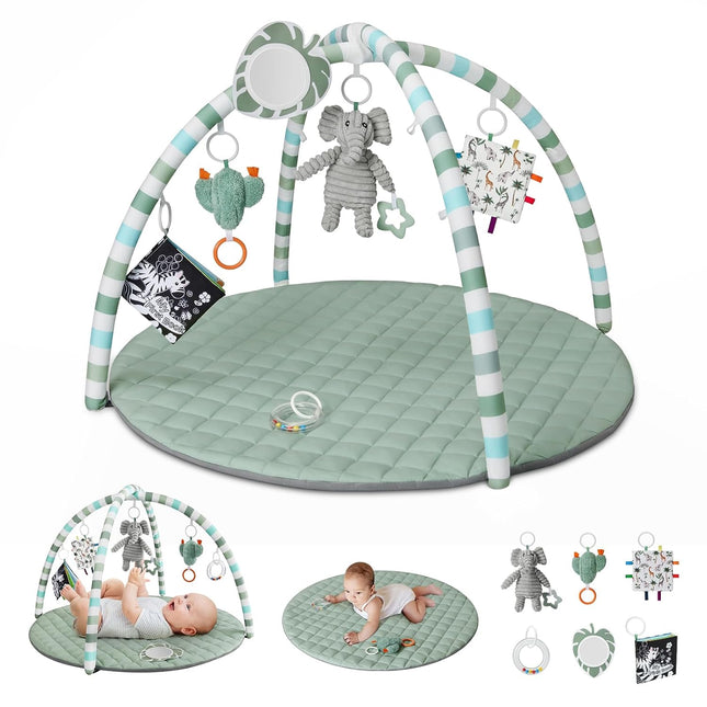 Sage Green Baby Play Gym Mat with 6 Detachable Toys