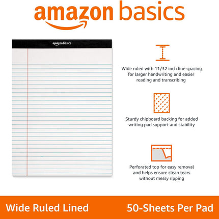 Wide Ruled Lined Writing Note Pads, 8.5 x 11.75 Inch, White, 12-Pack