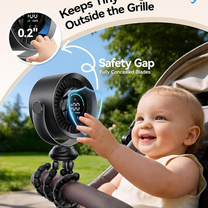 Portable Baby Stroller Fan, 360° Adjustable Quiet Rechargeable USB Clip Fan with LED Display, 100 Speeds, Black