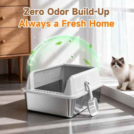 Stainless Steel XL High-Sided Cat Litter Box with Scoop, Gray