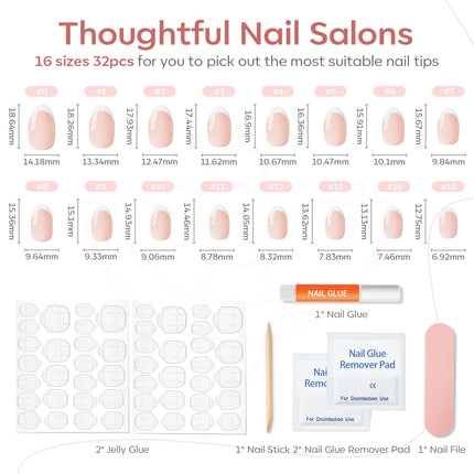 French Tip Short Oval Press-On Nails Set, Nude, 32 Pieces