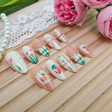 30-Piece Spring Medium Almond Press-On Nails with Flower and Strawberry Design