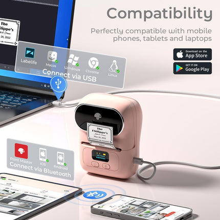 Phomemo Label Printer - M110 Thermal Label Printer Barcode Label Maker Mini Bluetooth Sticker Printer for Small Business, Home, Office, Logo, Address, Name Tag, Clothing, Organizing, Pink
