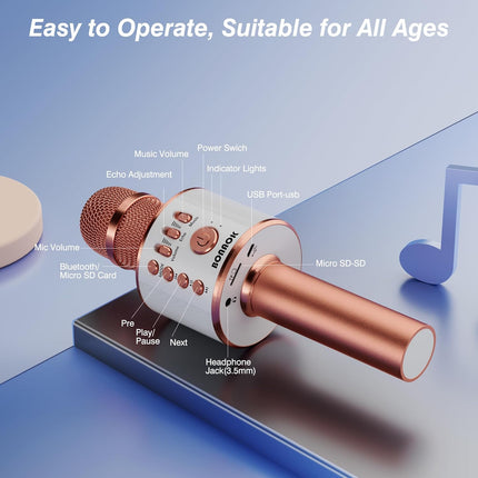 Wireless Bluetooth Karaoke Microphone, 3-in-1 Portable Handheld Mic Speaker Machine, Rose Gold