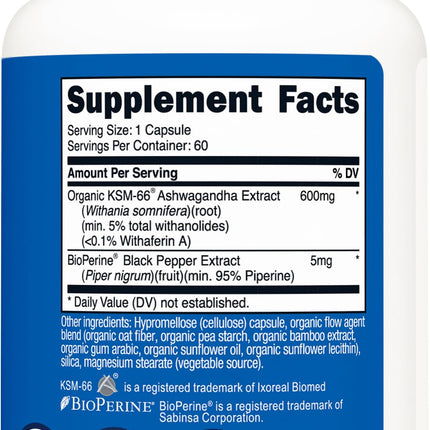 KSM-66 Ashwagandha Organic Root Extract 600mg stress relief supplement 60 caps