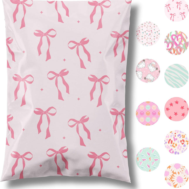 6x9 Pink Bow Designer Poly Mailers, 100 Pack