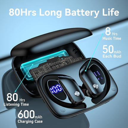Wireless Bluetooth Earbuds with LED Display Case, Over-Ear Hook, Mic, Stereo Sound, Button Controls, Black