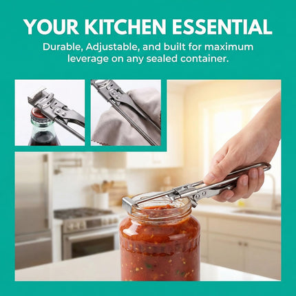 4-in-1 jar opener for weak hands showing bottle cap and lid opening features