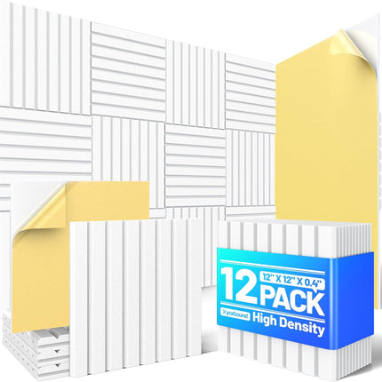 12 Pack White Self-Adhesive Acoustic Foam Wall Panels, 12 x 12 x 0.4 in