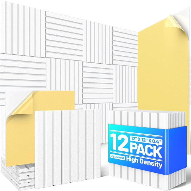 12 Pack White Self-Adhesive Acoustic Foam Wall Panels, 12 x 12 x 0.4 in