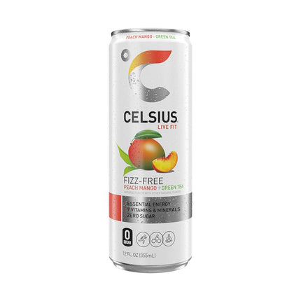 Fizz Free Peach Mango Green Tea Sugar Free Energy Drink, 12 Fl Oz, Pack of 12