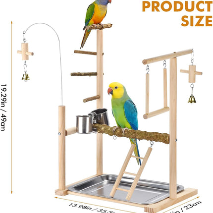 Natural Wood Parrot Playground Perch Stand with Cups