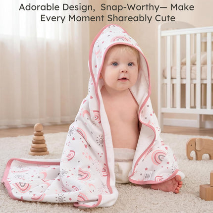 Baby Girl 100% Cotton Hooded Bath Towels, 2 Pack, Pink Rainbow