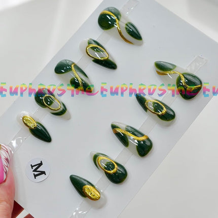 SourcetoHome 10PCS Black Chrome Press On Nails – Long Stiletto Fake Nails with Gold Metallic Swirl & 3D Waterdrop Design, Glossy Reusable Trendy Nails for Women and Girls – Euphrosyne - General - detail view 3