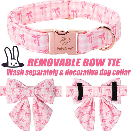 Girl Dog Collar with Pink Lady Bow and Adjustable Metal Buckle