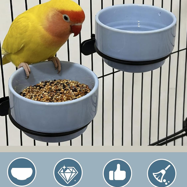 2-Piece Blue Ceramic Bird Food Bowl Set