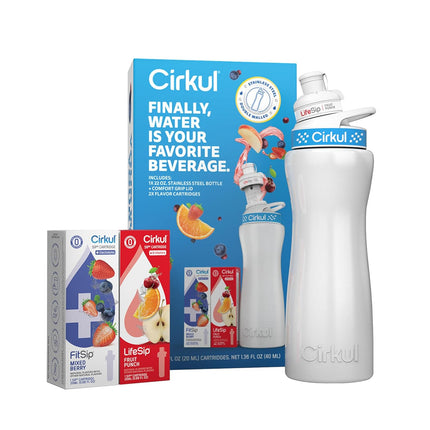22 oz White Stainless Steel Water Bottle Starter Kit with Blue Lid and 2 Flavor Cartridges