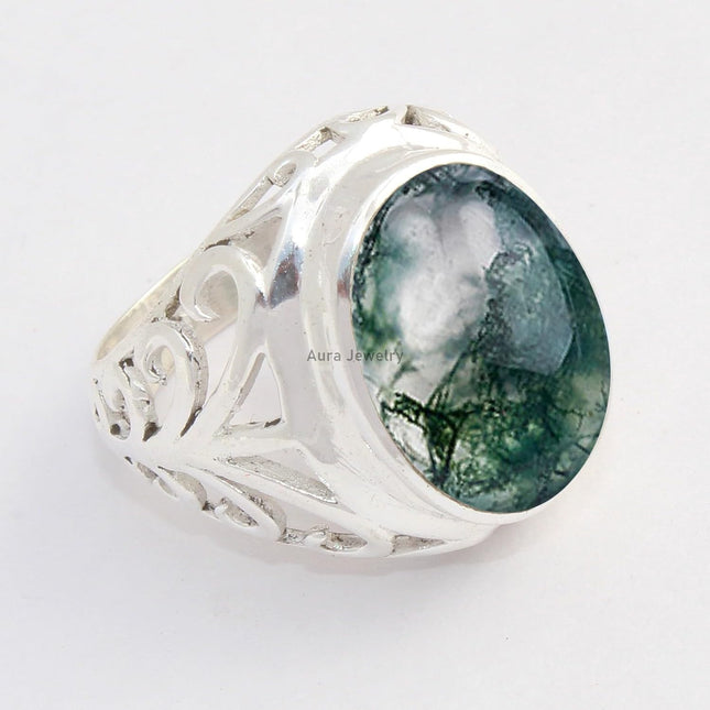 925 Sterling Silver Moss Agate Ring for Women & Girls