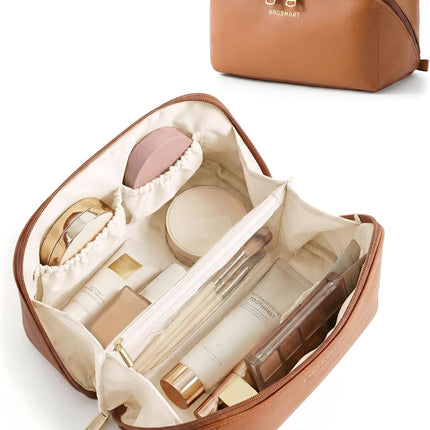 Large Wide-Open PU Leather Travel Makeup Bag in Classic Brown