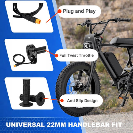 Ebike Full Twist Throttle Grip Kit, 3-Pin, 12V-72V