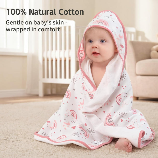 Baby Girl 100% Cotton Hooded Bath Towels, 2 Pack, Pink Rainbow