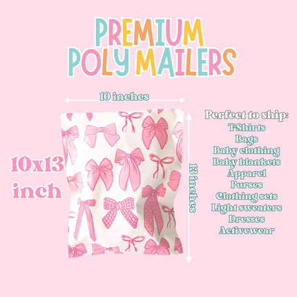 6x9 Colorful and Stylish 100 Pack Poly Mailer Bags with Unique Designs, Ribbon Bow