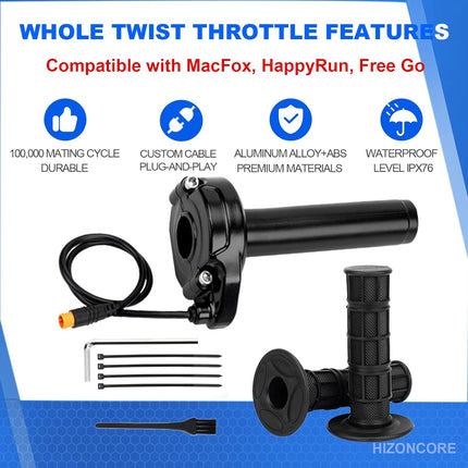 Ebike Full Twist Throttle Grip Kit, 3-Pin, 12V-72V