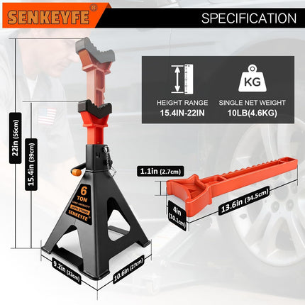 6 Ton Jack Stands with Crossbars, Double Pin Locking, Rubber Covers, Large Foot Base, 15-22 in Adjustable Height, 2 Pack