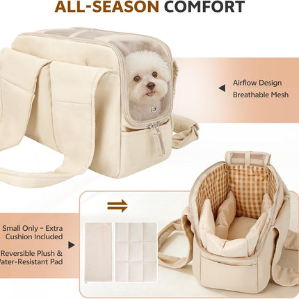 Dog Purse Carrier for Small Dogs and Cats, Beige Soft-Sided Pet Tote with 6 Pockets