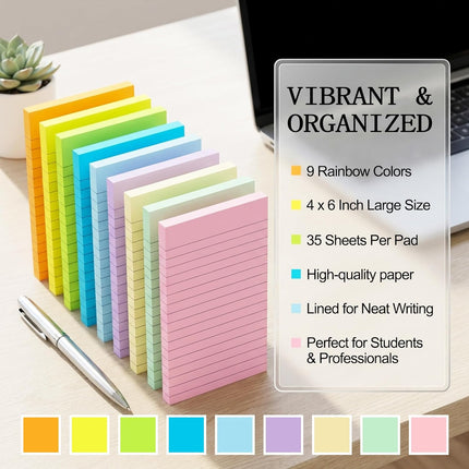 SourcetoHome (9 Pack) BOKUGE Lined Sticky Notes 4x6 in, Strong Adhesive Self Stick Note Pads, Sticky Notes with Lines, 9 Colorful Options, Perfect for Office, Classroom, Task Reminders, Smooth Writing - supplement facts label