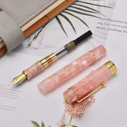 Classic Pink Marble Acrylic Fine Point Fountain Pen with Converter, Gold Trim and Pen Case Set
