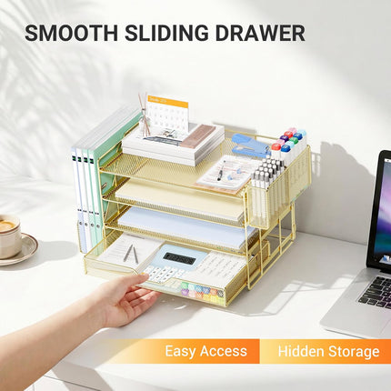 Gold 4-Tier Desk Organizer with Drawer and Pen Holder