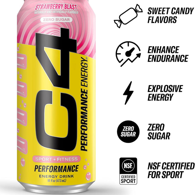 Performance Energy Drink | Strawberry Blast | Zero Sugar | 16 Fl Oz, 12 Pack