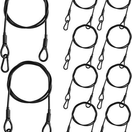 SourcetoHome 10-Pack Safety Security Cables for DJ Stage Lighting, 2ft Stainless Steel Cable with 5/32" Diameter, Black Ropes with Loops and Carabiner for Safe Attachment - General - front view