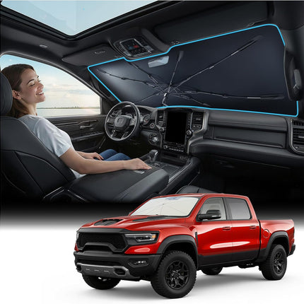 Windshield Sun Shade Umbrella with Vinyl Coating Heat Shield for 2010-2026 1500, 2500, 3500 Trucks