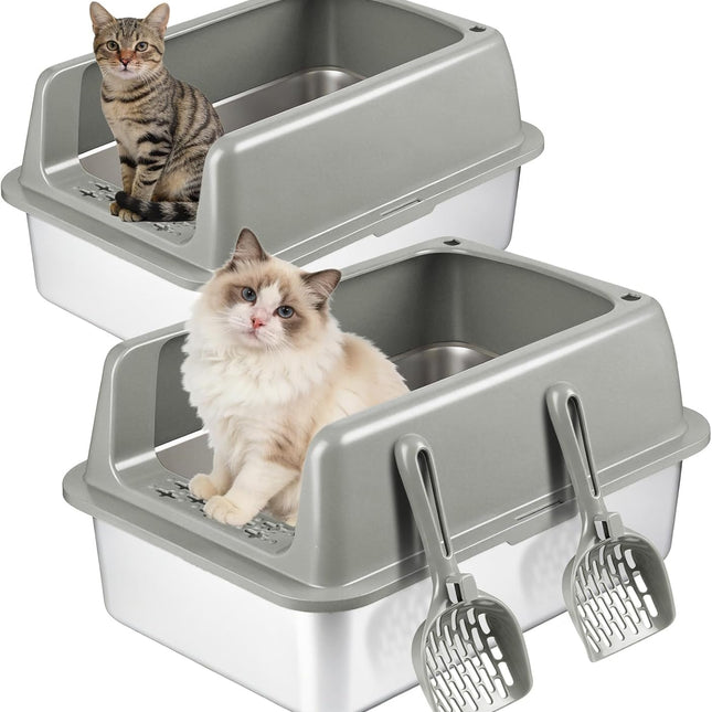 2 Pack Stainless Steel Enclosed Cat Litter Boxes with Lid and Scoop