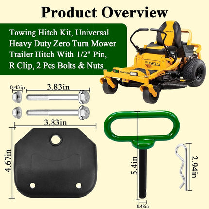 Hitch Plate with 1/2" Pin, R Clip, 2 Pcs Bolts & Nuts, Universal Heavy Duty Zero Turn Mower Trailer Hitch