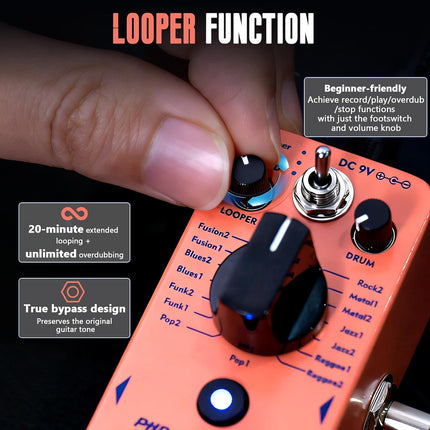Looper Drum Machine Guitar Pedal with 20-Minute Loop