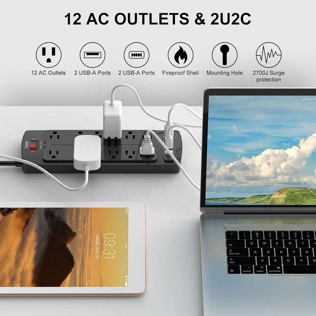 6 Ft Surge Protector Power Strip with 12 AC Outlets and 4 USB Ports, 2700 Joules, ETL Listed, Black