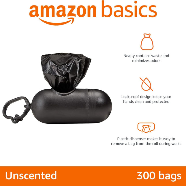 Unscented Leak Proof Dog Poop Bags with Dispenser and Leash Clip, 13 x 9 in, 300 Count