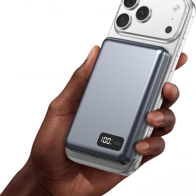 Magnetic 10000mAh Qi2 Portable Power Bank with LED Display - Grey