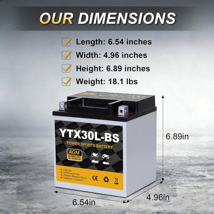 YTX30L-BS 12V 30Ah 400CCA Sealed AGM Powersport Battery