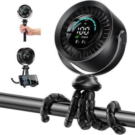 Portable Baby Stroller Fan, 360° Adjustable Quiet Rechargeable USB Clip Fan with LED Display, 100 Speeds, Black