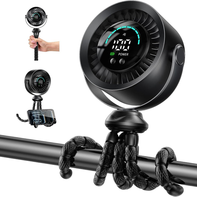 Portable Baby Stroller Fan, 360° Adjustable Quiet Rechargeable USB Clip Fan with LED Display, 100 Speeds, Black